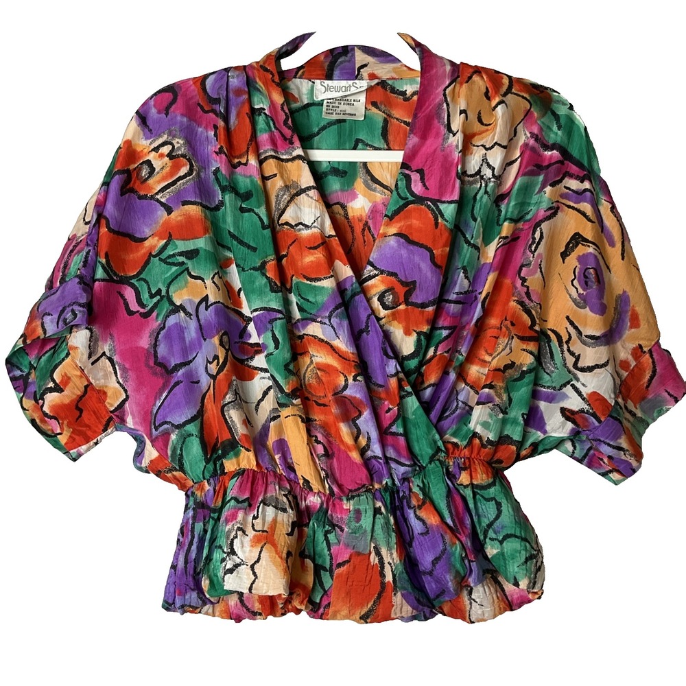 Stewart Sport Vtg Washable‎ Silk Jewel Tone Floral Cottagecore Crop Peplum Top